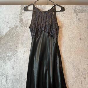Vintage 90s Black Satin Slip Dress Sheer Floral Mesh Bodice Gothic Grunge XS